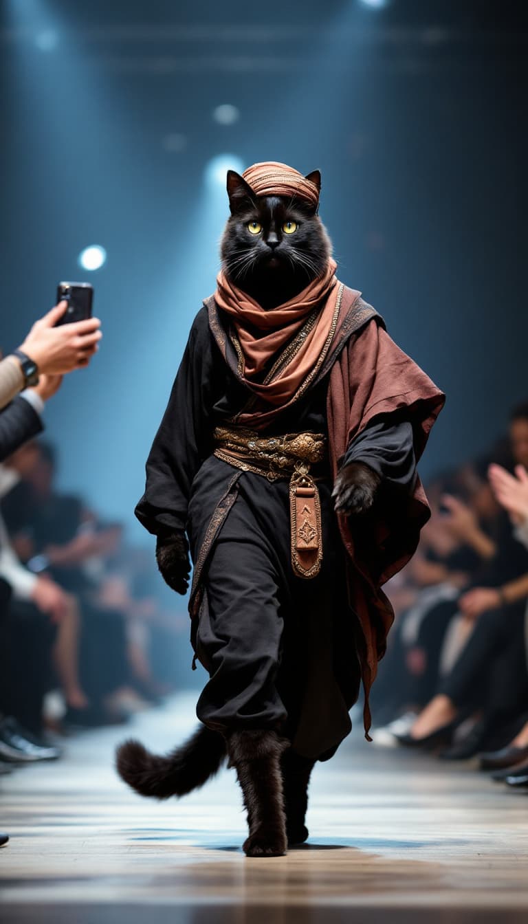 AI generated: A tall, muscular black cat dressed in Moroccan clothing (jellaba, turban and turban) walks in a fash...