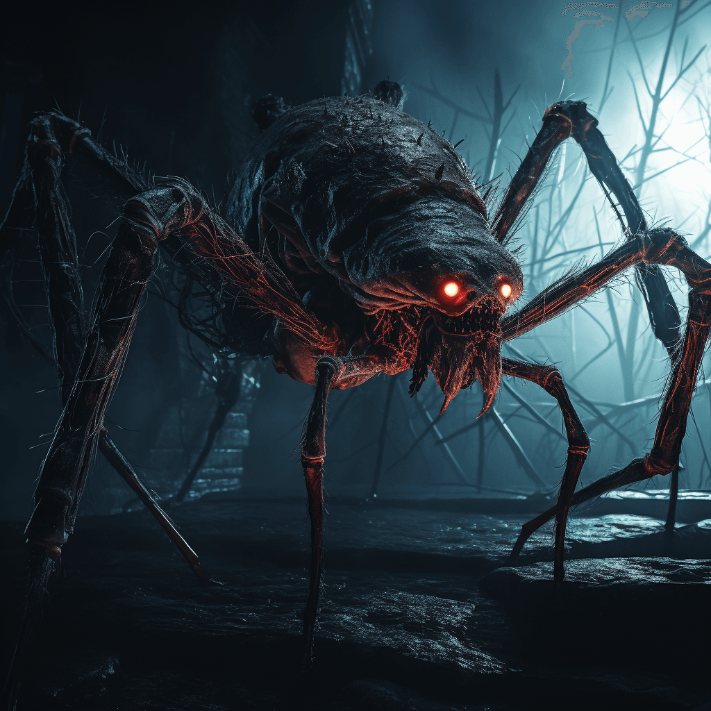 AI generated: haunting creature that looks like a giant spider, side view, reddish eyes, dark room with decoration...