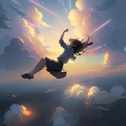 AI generated: make a picture of a girl falling in the sky. Background with clouds and lights. 
Studio Ghibli, anim...