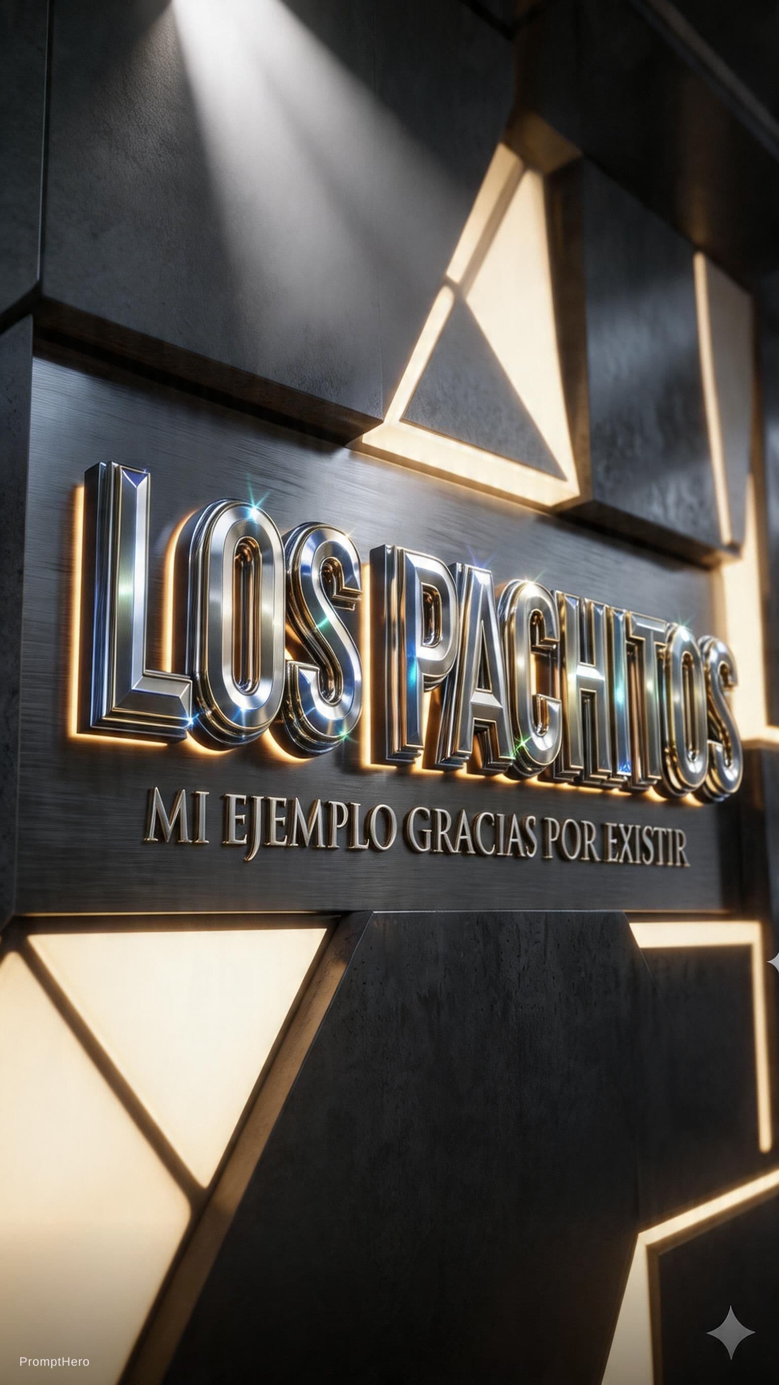 AI generated: Ultra-realistic 4D metallic sign with the text 'LOS PACHITOS' and the subtitle 'MI EJEMPLO GRACIAS P...