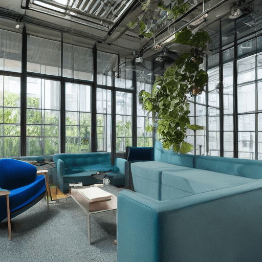 AI generated: hyper realistic photo of company office interior design, green house, living room atmosphere, blue s...