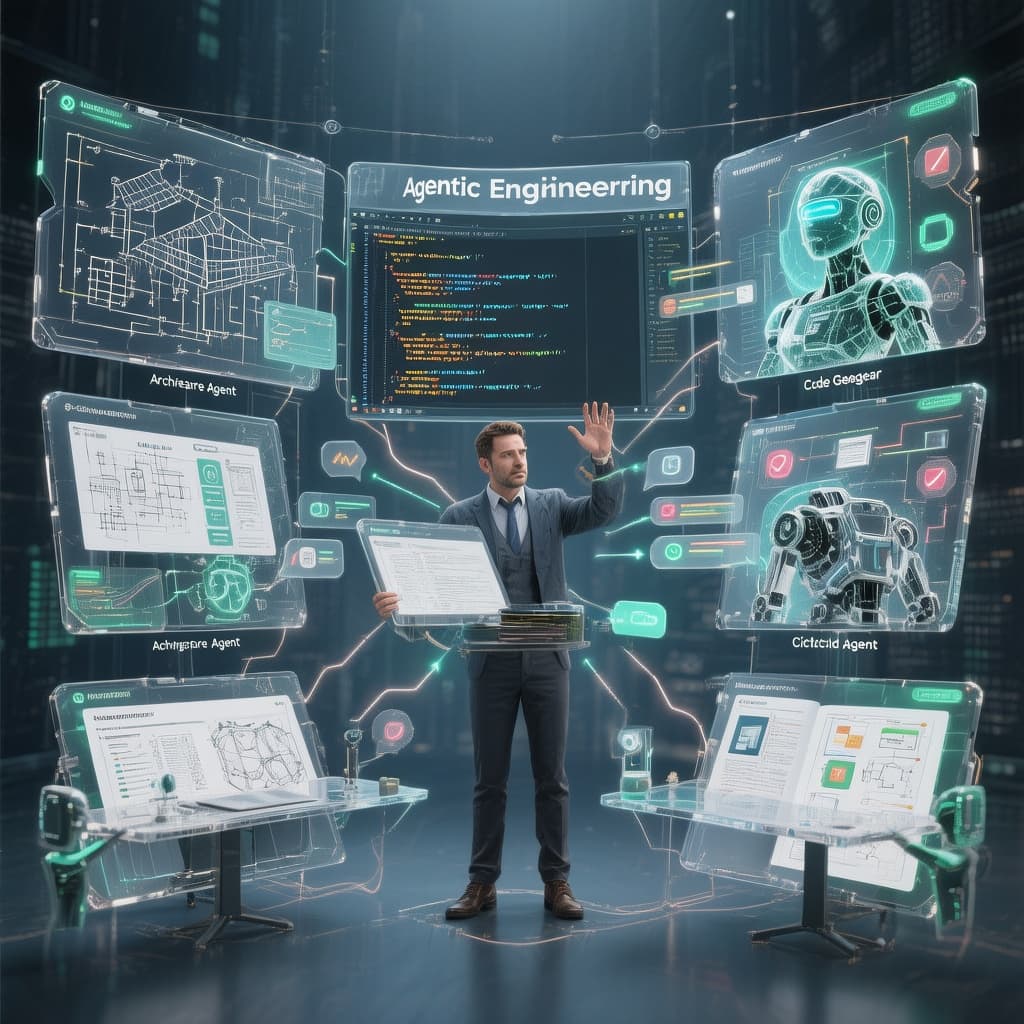 AI generated: Modern corporate illustration of "Agentic Engineering" concept - Colombian software developer as orc...