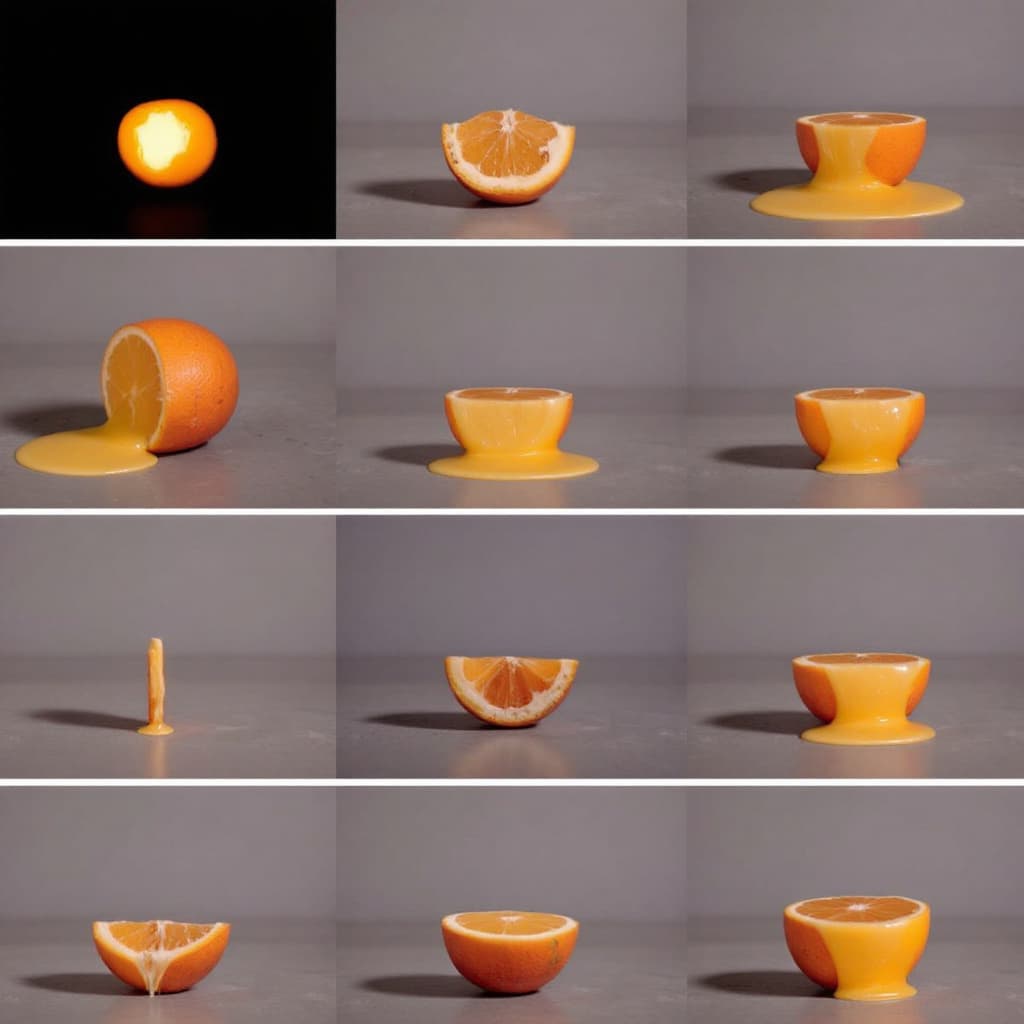 AI generated: Ten photos of a melting orange.