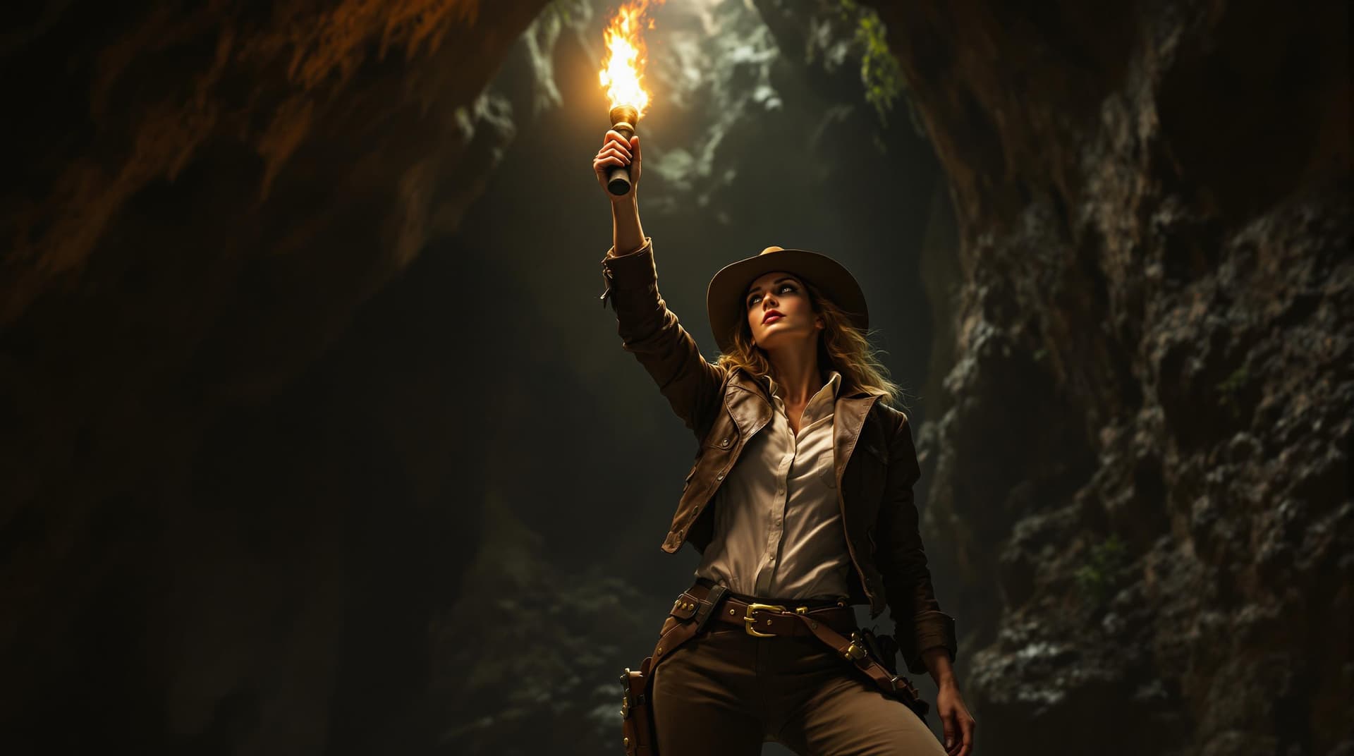 AI generated: This image depicts a beautiful stunning female Indiana Jones, posing heroically in a vast, dimly lit...