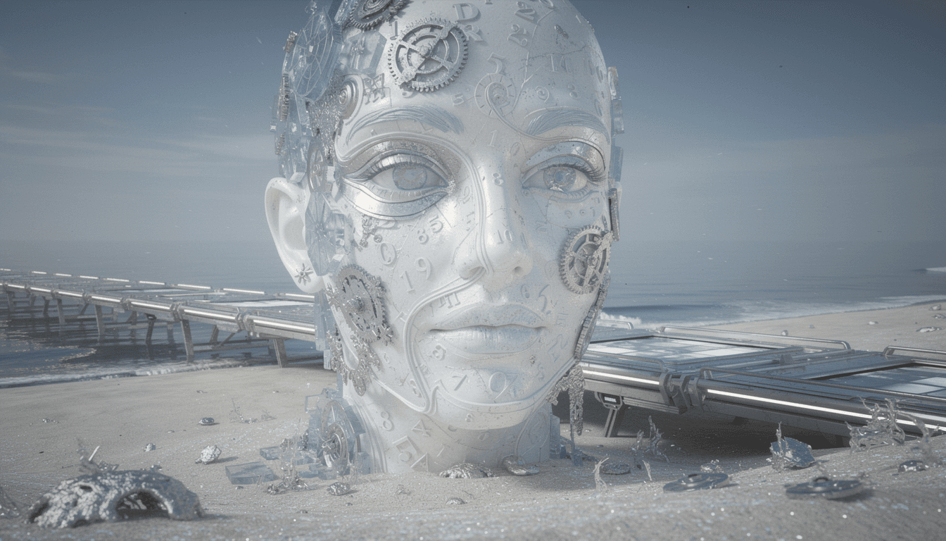 AI generated: In a surreal, futuristic landscape, bosh style a giant white androgynous face has hyper-realistic, r...