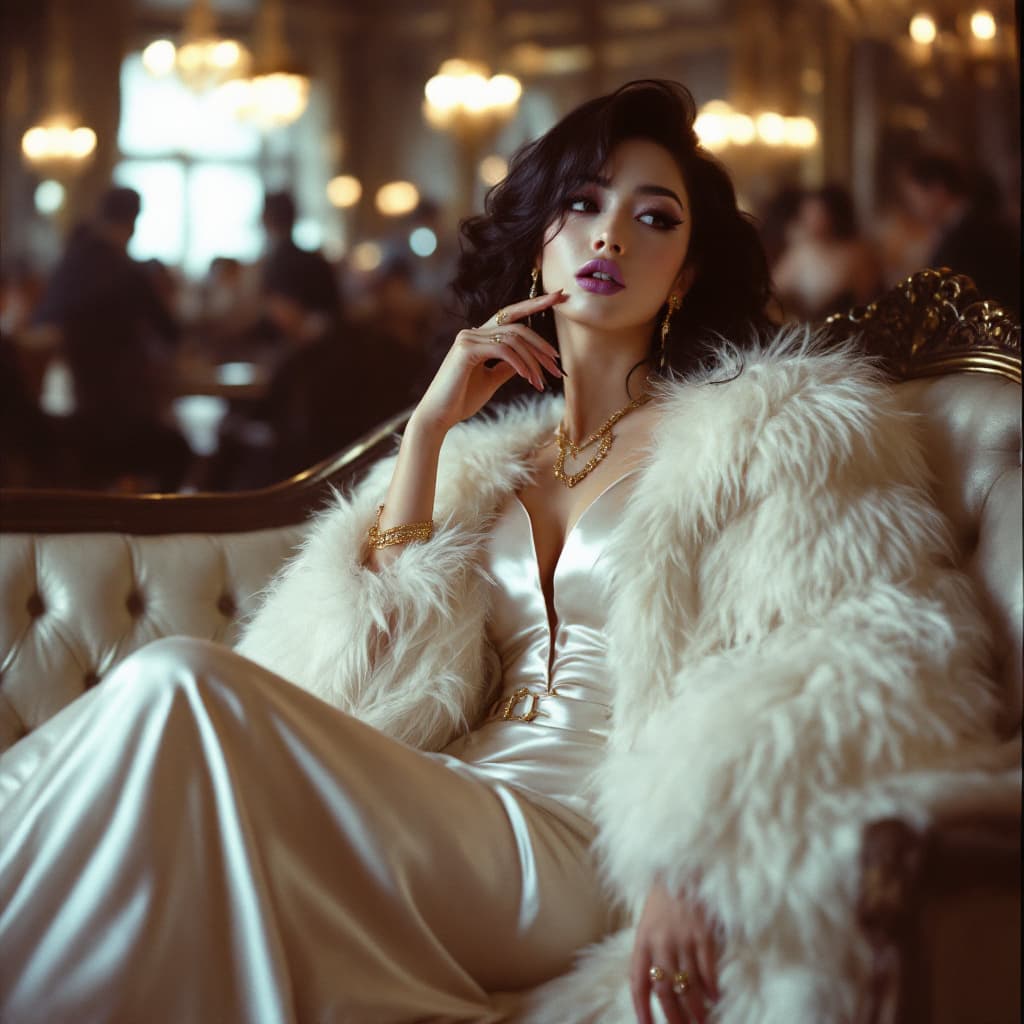 AI generated: full body, cinematic long shot,1990s, alluring frisky Asian superstar in white furs and opulent sati...