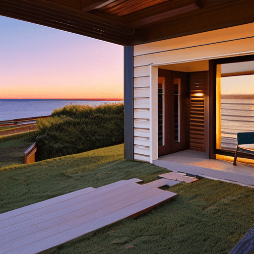 AI generated: Hyper realistic eye level exterior photo of a mid century modern style house overlooking the ocean, ...