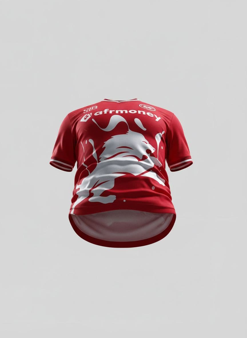 AI generated: A realistic 3D mock-up of a red soccer jersey in an “Athletic Crunch” lower torso pose, focusing on ...