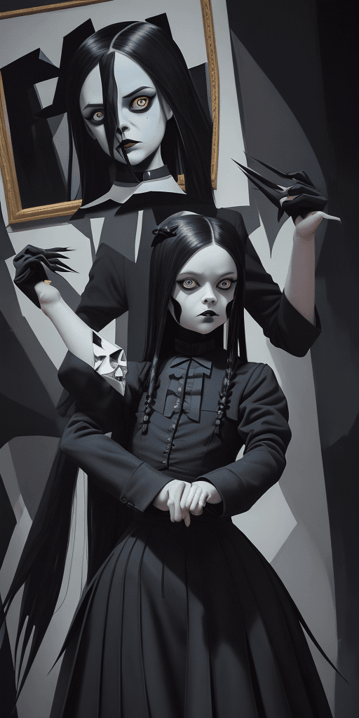 AI generated: 16k4d art rfktrstyle Wednesday Addams, Cubist Angles, (Dynamic Pose)+, perfect form, perfect composu...