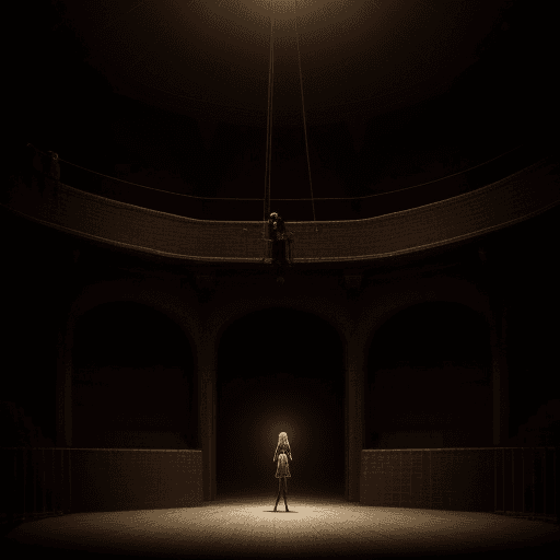 AI generated: after the show empty circus dungeon big space light somewhere masterpiece atmospheric two people one...