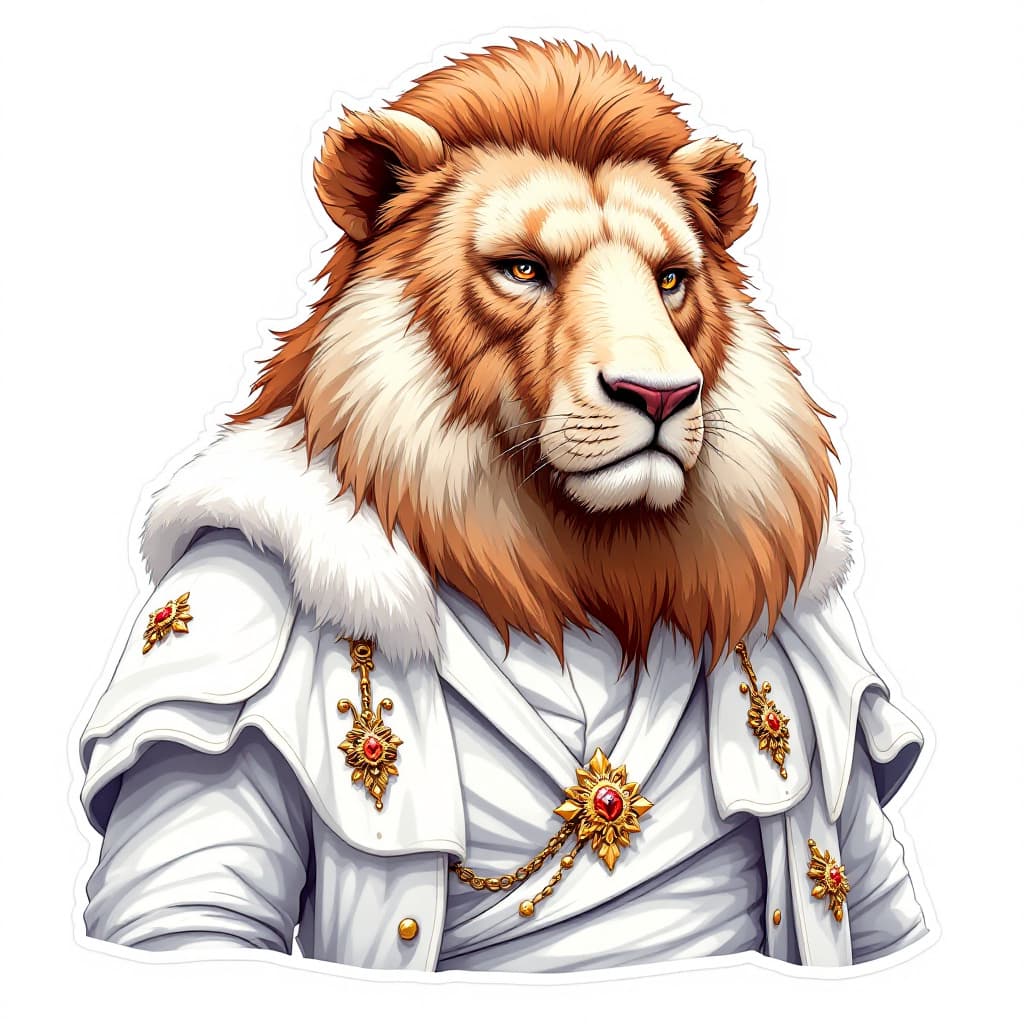 AI generated: a majestic, large mammal dressed in elegant white clothing, sophisticated sticker, intricate line ar...