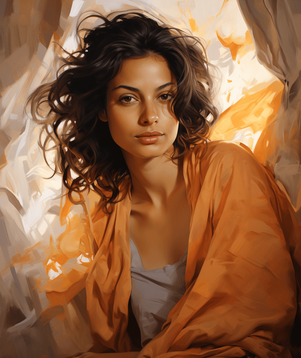 AI generated: a portrait of a woman on a background, in the style of dmitri danish, light orange and light amber, ...