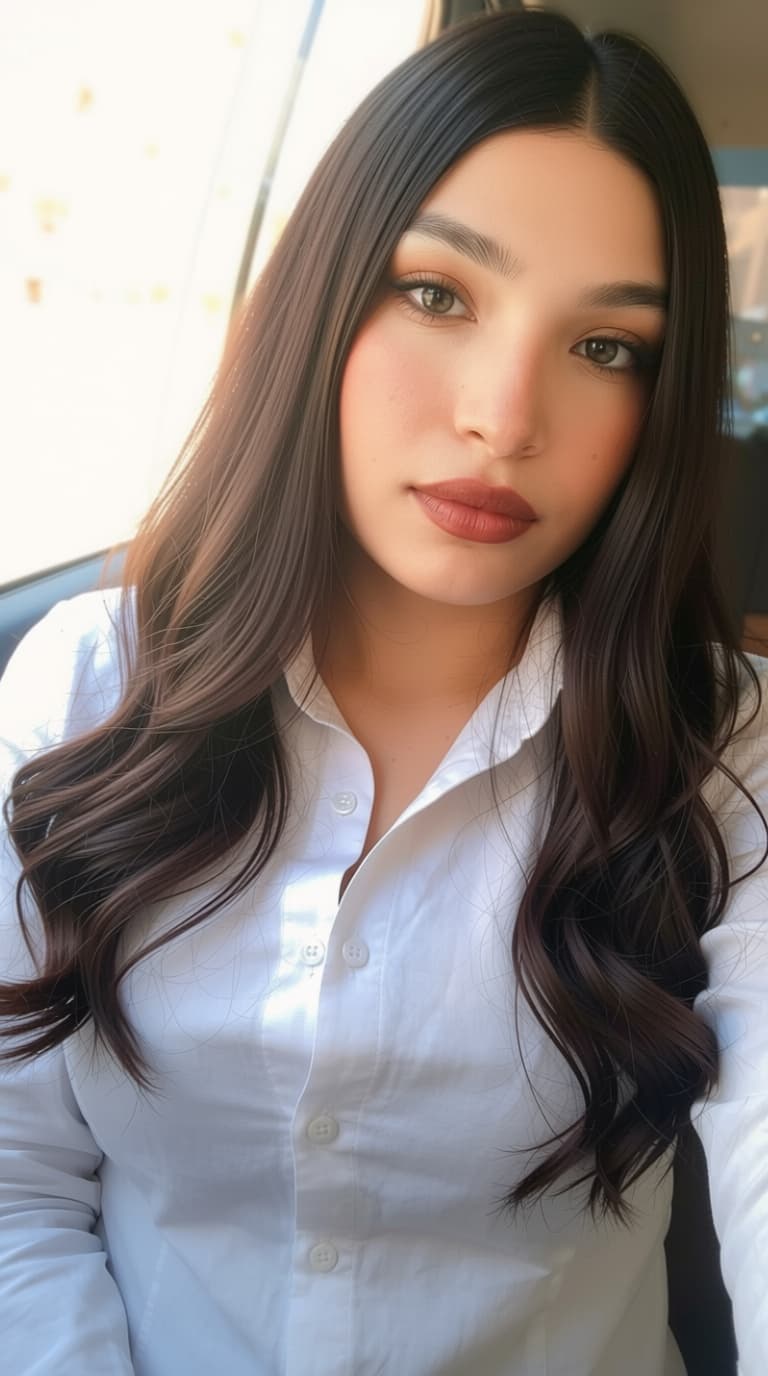 AI generated: With her hair and unbuttoning two buttons of her shirt 