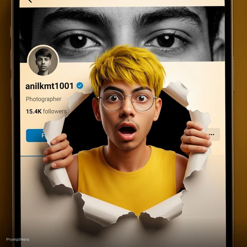 AI generated: A creative 3D photo manipulation of a social media profile interface, featuring a surprised young me...
