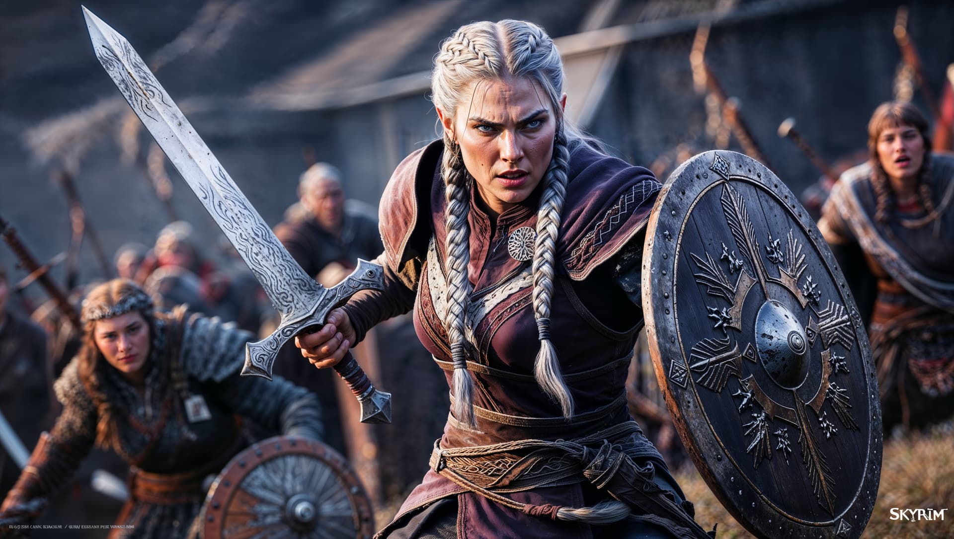 AI generated: a cinematic, highly detailed digital illustration of a stunningly fierce Nord warrior woman from the...