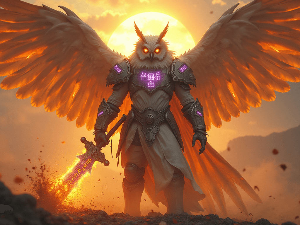 AI generated: (masterpiece, ultra-detailed,, a majestic tyto owl-man warrior stands in an epic hero pose, holding ...