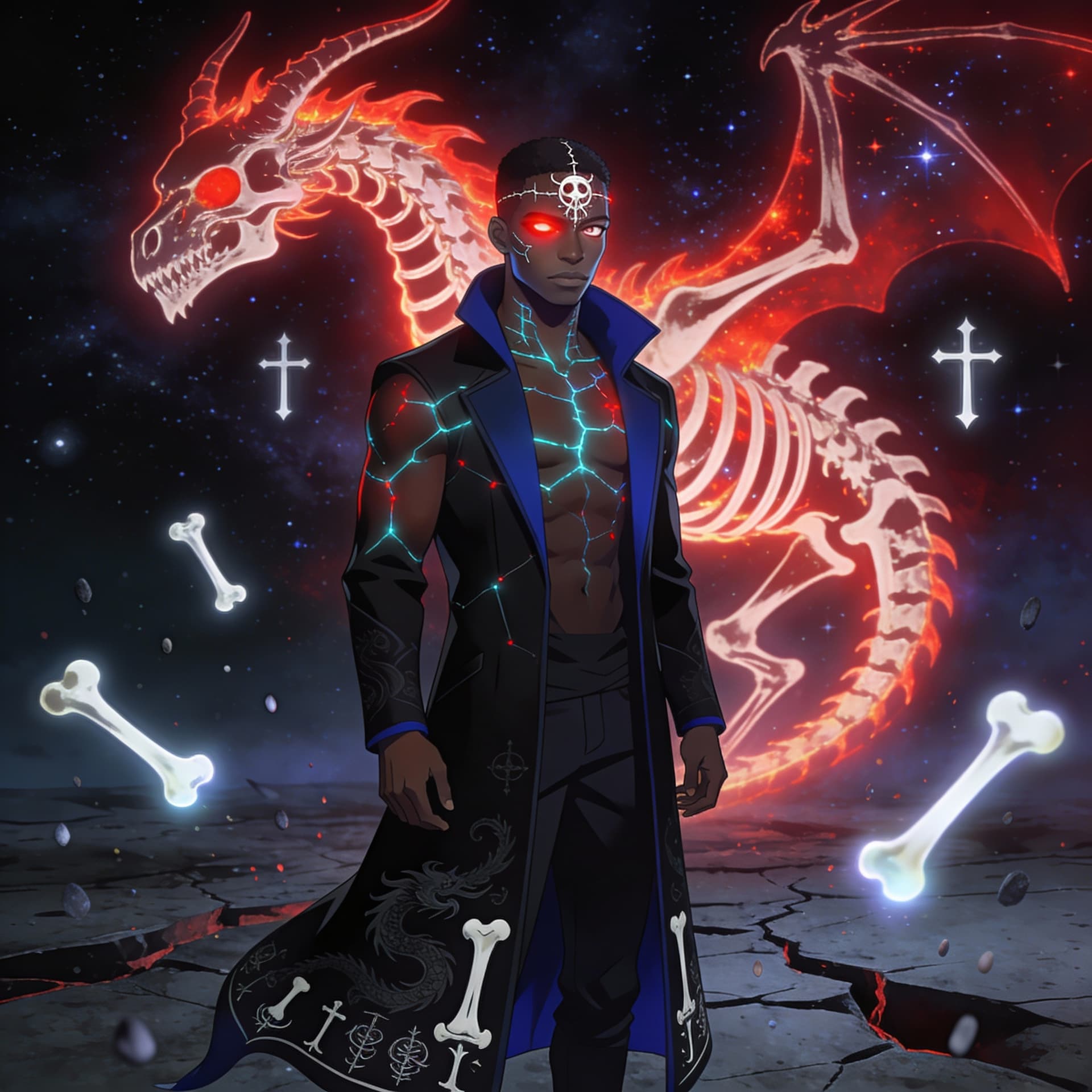 AI generated: An African American male, average height and build, standing calmly amid a fractured cosmic battlefi...