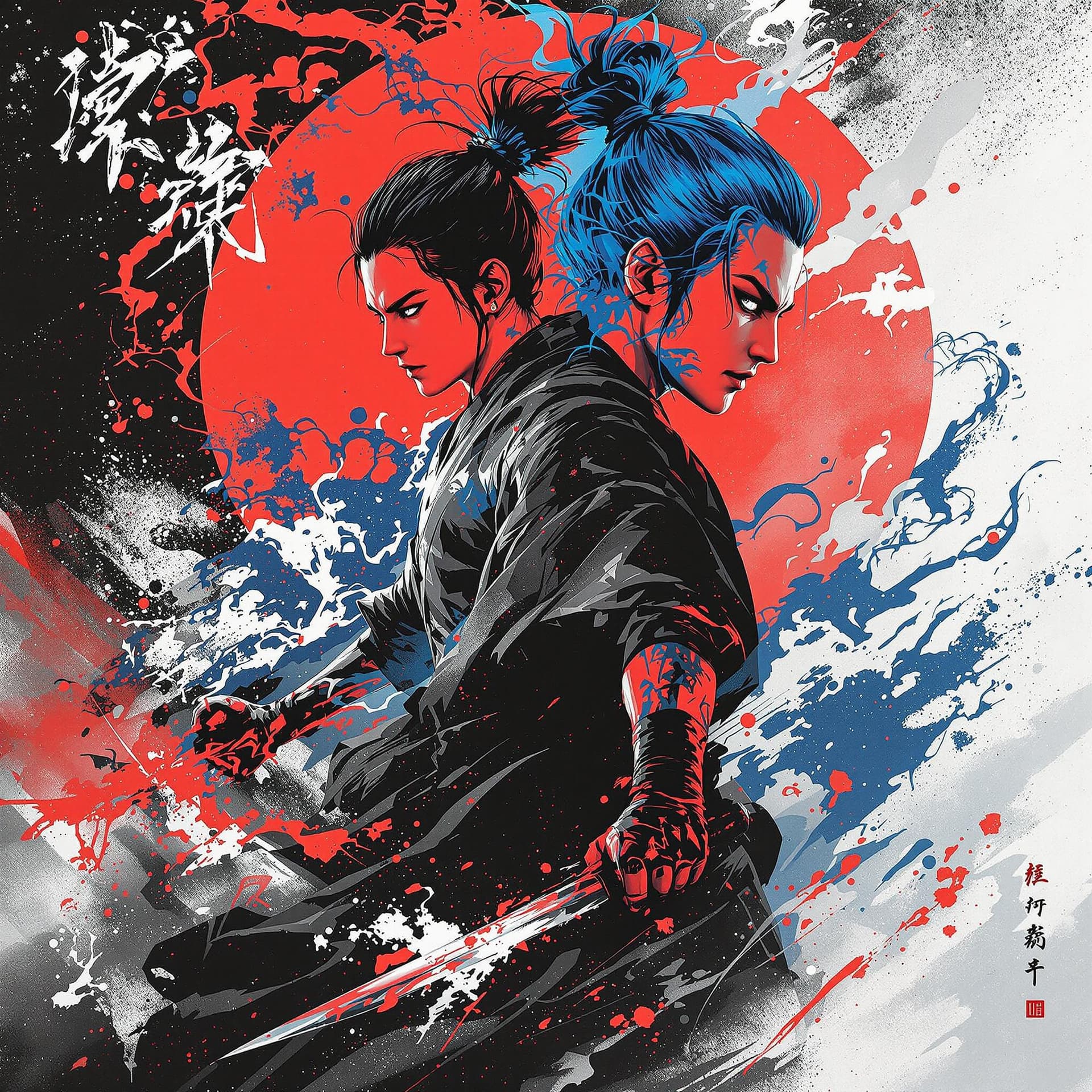 AI generated: Japanese art, martial arts movie poster, female and male characters in black, white, red, and blue, ...