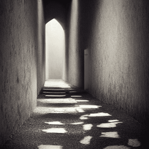 AI generated: Create me a stone path which is the entrance to a dark corridor without light. desolation, gloomy