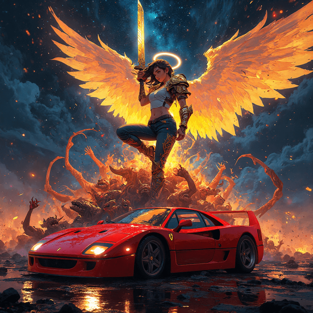 AI generated: A dynamic and chaotic scene (1.7) in the style of Makoto Shinkai (1.5), depicting an archangel ascen...