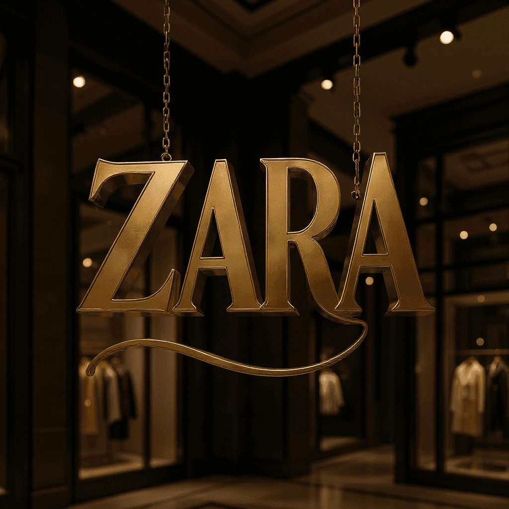 AI generated: A luxurious 3D metallic hanging says "Zara" in bold, elegant font. The letters should be crafted in ...