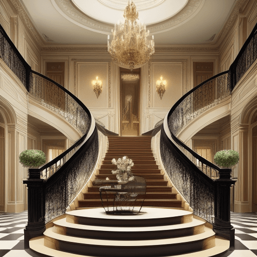 AI generated: Create a mega mansion foyer. Add a double helix stair case. Illustrate the expansiveness of the mans...
