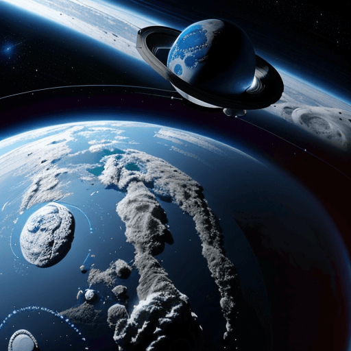 AI generated: Der Orbit der Erde zum Mond ist gesäumt von leuchtenden Raumstationen, die wie funkelnde Juwelen in ...