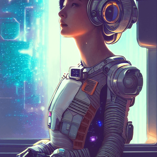 AI generated: portrait armored astronaut girl, inside spaceship command room viewing galaxy, ssci-fi neon light ef...
