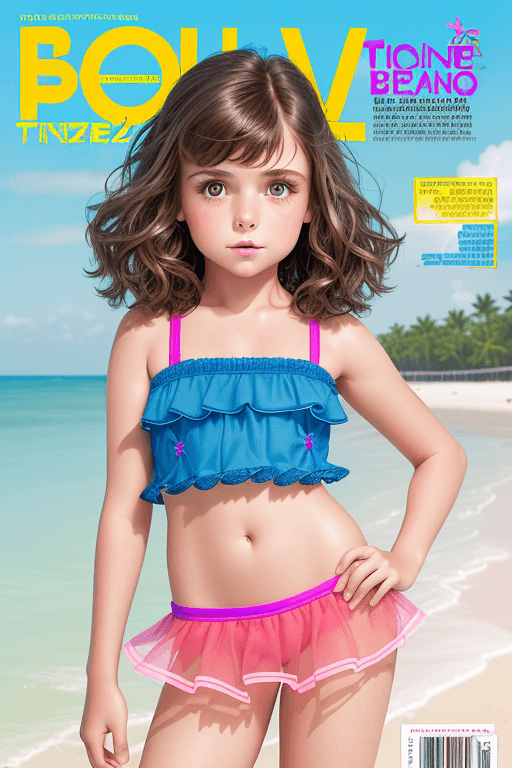AI generated: 10 year old brunette girl is on the cover of "TweenBeach Magazine", professional photo shoot, high q...