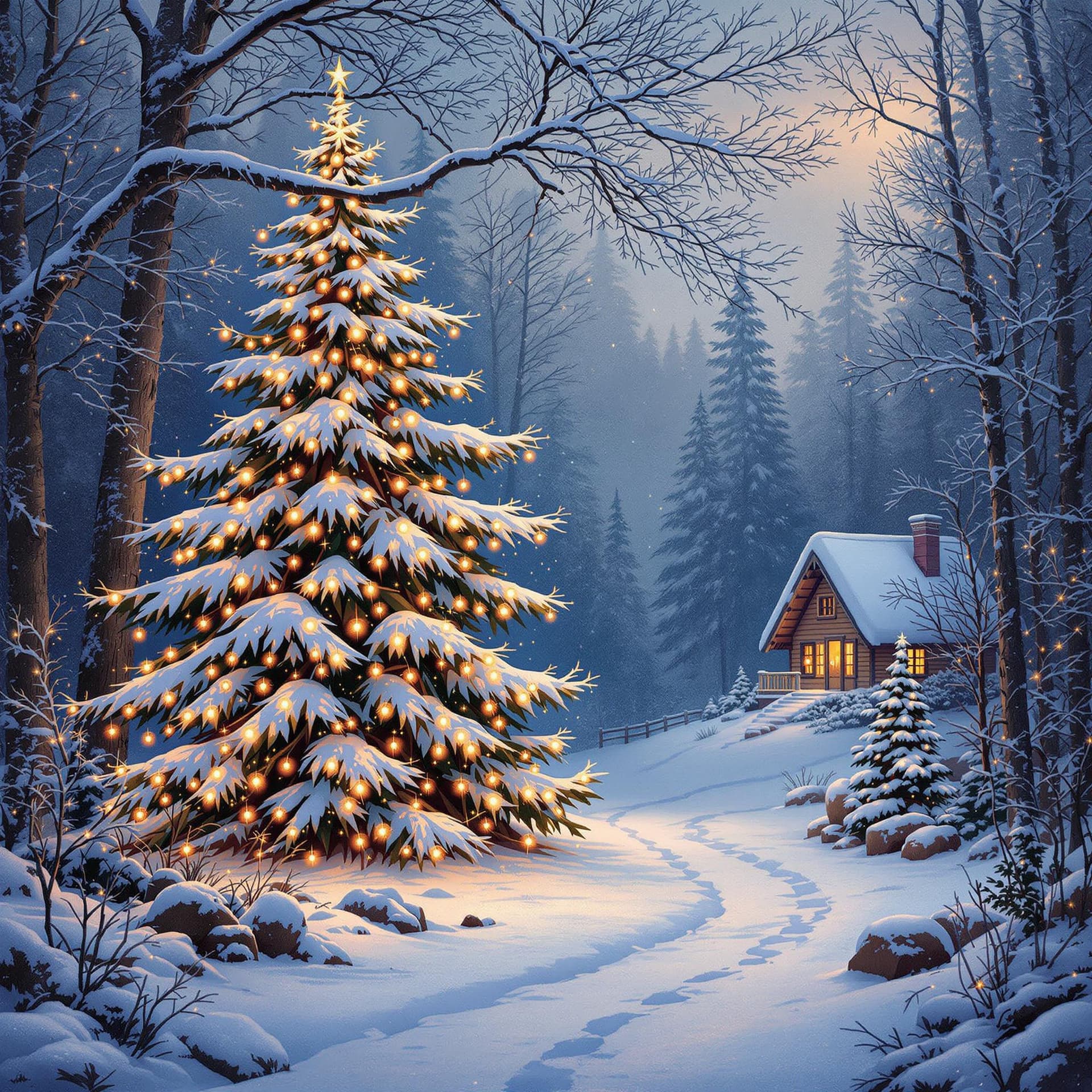 AI generated: Art de Kajenna, corps entier, soirée de Noël dans la forêt d'hiver, arbre de Noël enneigé et chalet ...