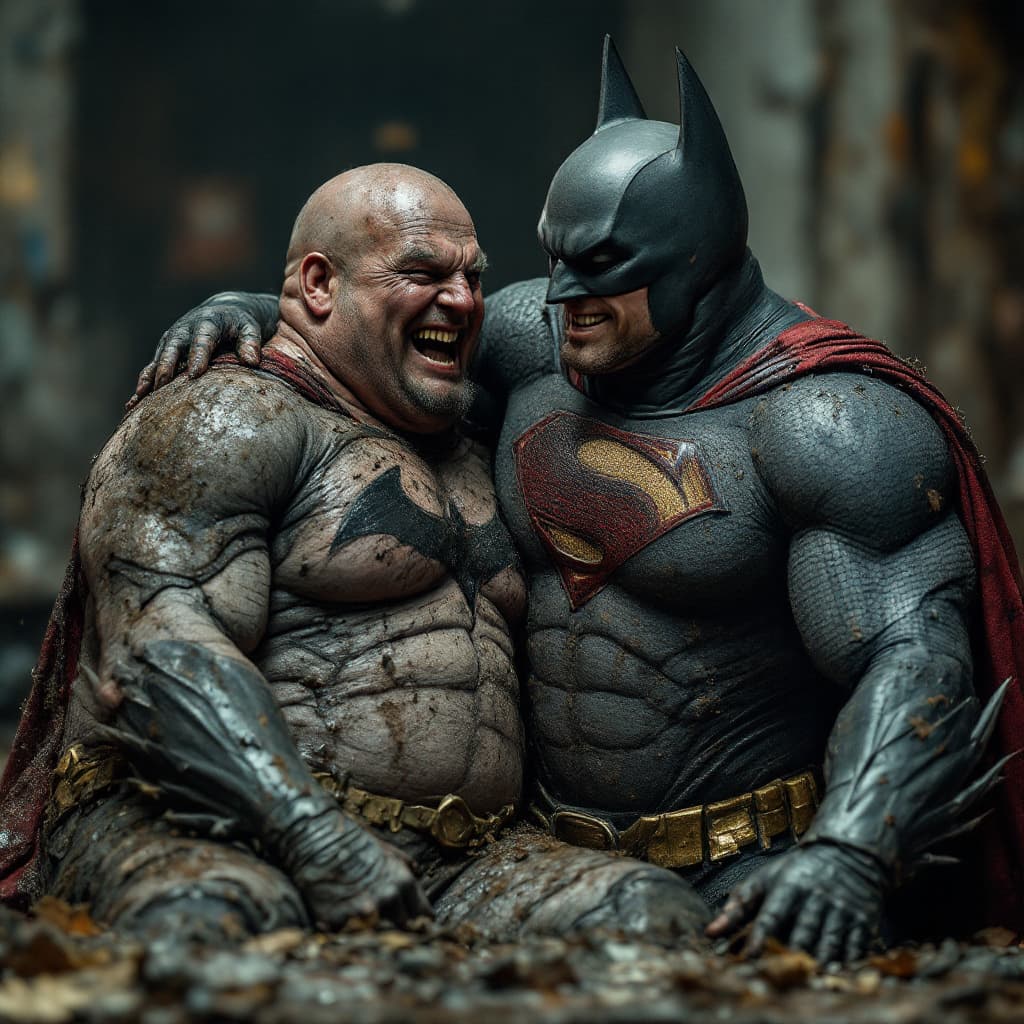 AI generated: photography, medium shot of a batman and superman drunk, laughing very fat, the suits are muddy, dir...