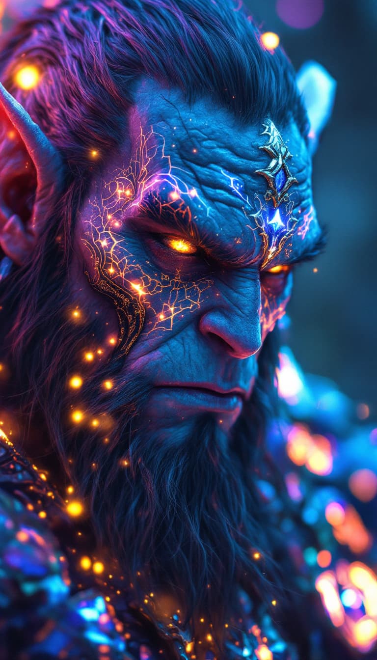 AI generated: In an ethereal digital painting, a luminous ornamental orc emerges, bathed in soft focus light. The ...