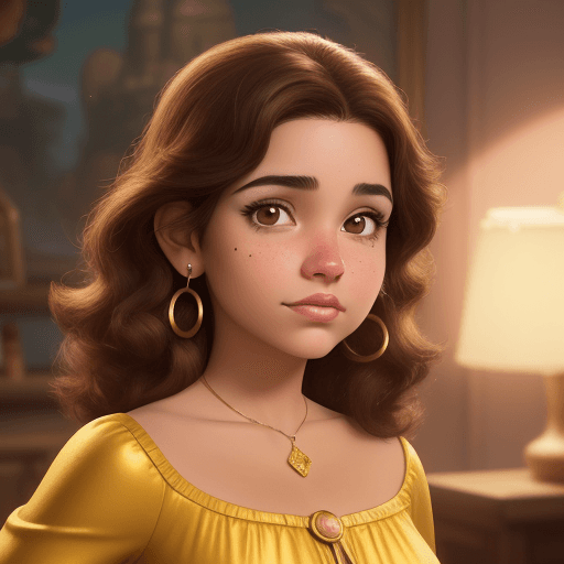 AI generated: Disney pixar image of a young hispanic woman with roundish gold glasses. She has brown hair and eyes...