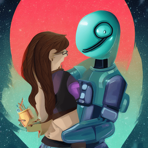 AI generated: a science fiction romance book cover | large alien | cute woman | space background
