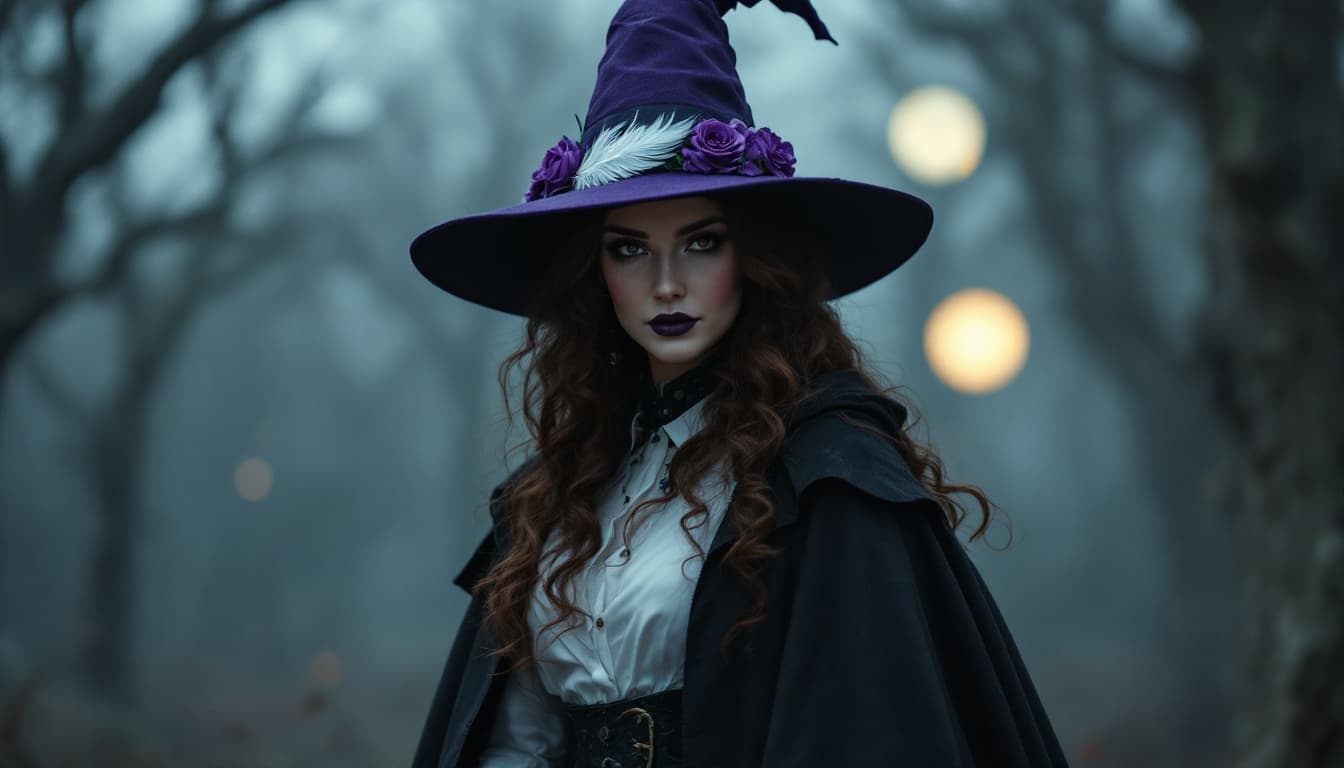 AI generated: Professional cinematic body shot of a Witch with curly brown hair wearing a purple hat with a white ...