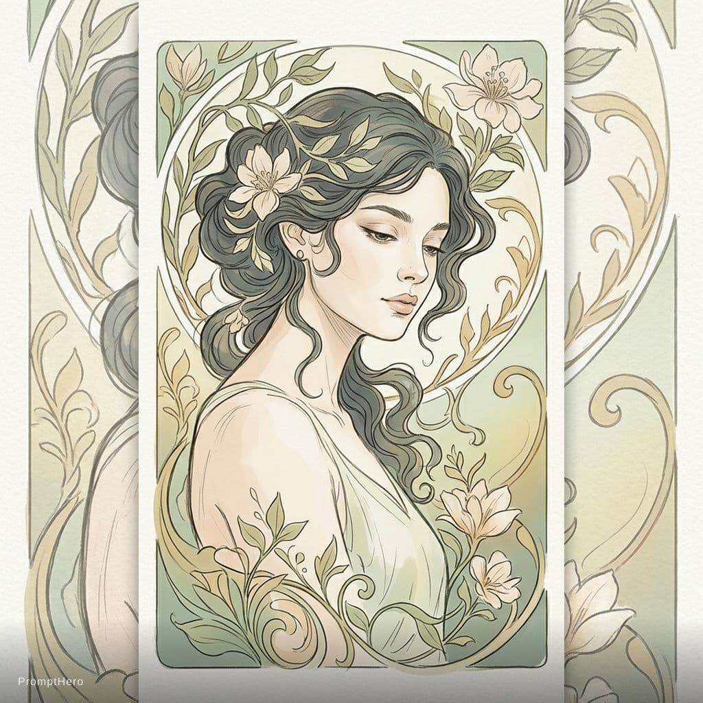 AI generated: Create a beautiful, intricate drawing of a woman in a nature-inspired, art nouveau style. The figure...