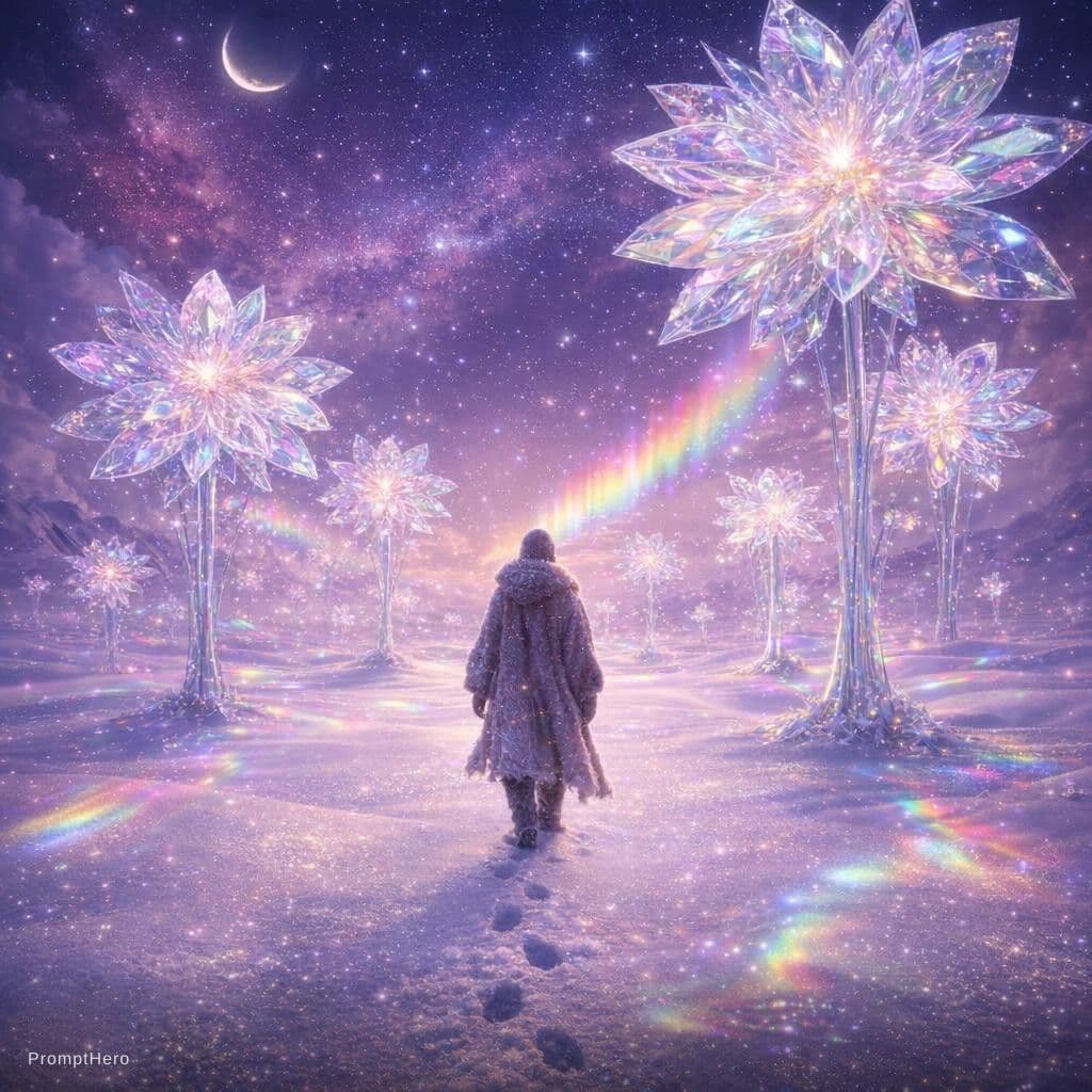 AI generated: A snow-covered plain of iridescent moon-dust under twilight skies. Thirty-foot crystalline flowers b...