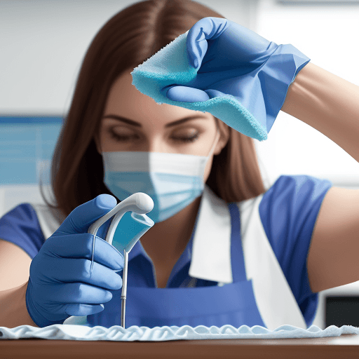 AI generated: Create image of woman, cleaning an office desk with a big microfibre cloth, hands in blue nitrile gl...