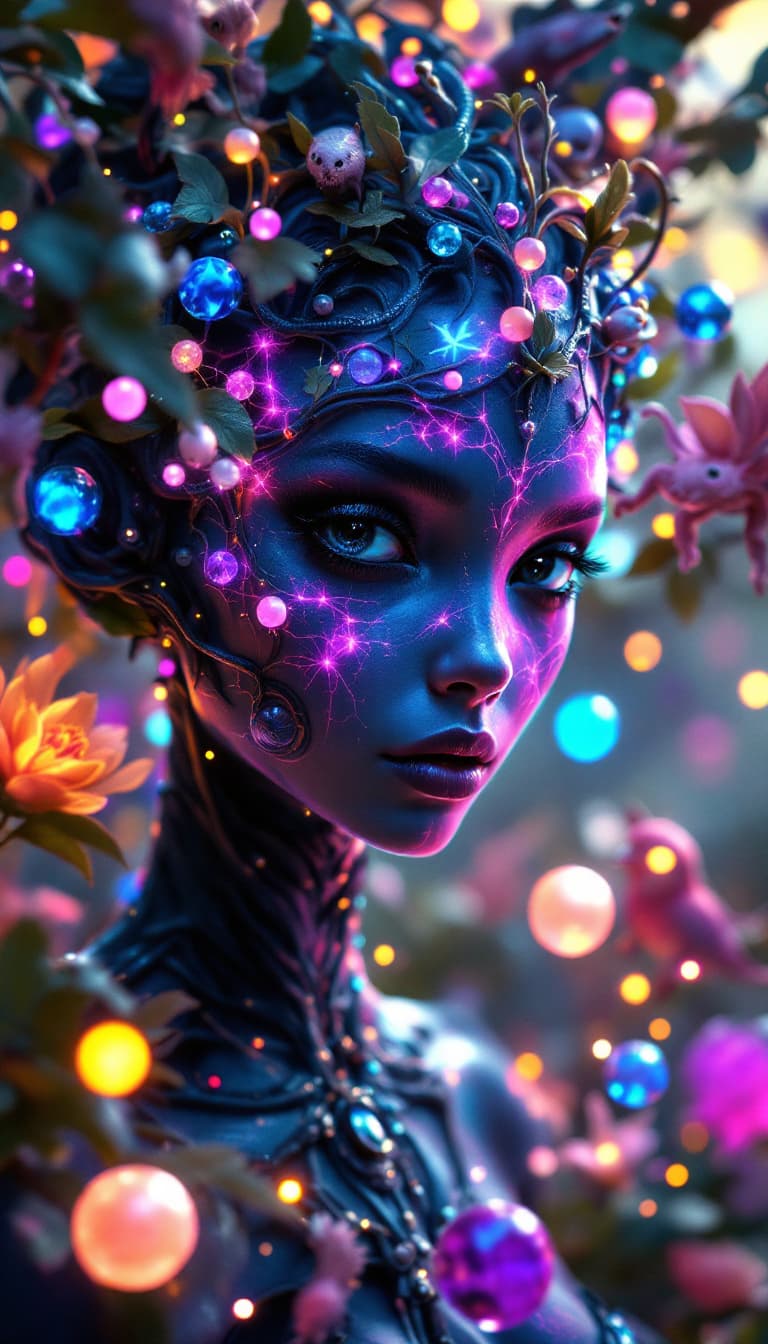 AI generated: Surreal 4k painting of a beautiful alien princess with expressive black eyes and cosmic features. He...
