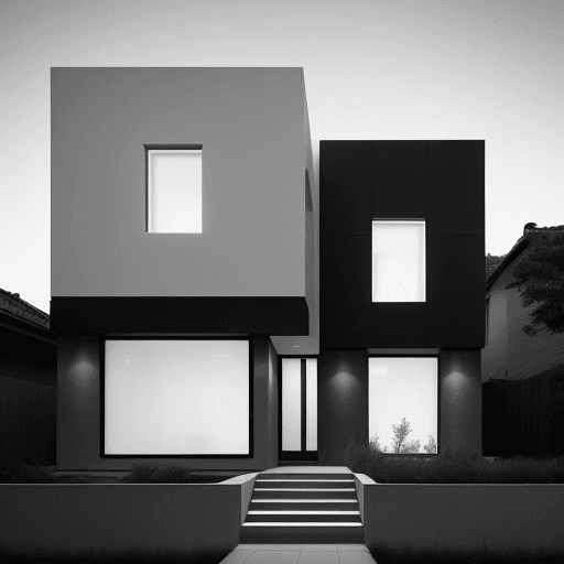 AI generated: minimalist house exterior, at dusk, the architecture should feature clean lines with a sophisticated...