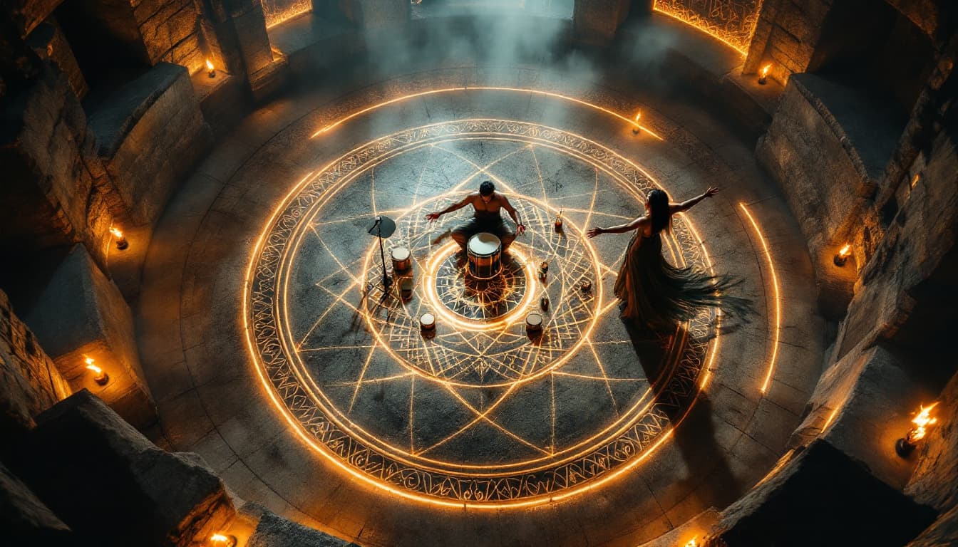 AI generated: The Drummer & 🎤 The Vocalist – Performing in the Center of a Ritual Circle (Wide Shot, Overhead Ang...