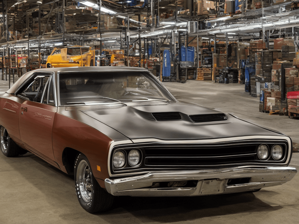 AI generated: photo a 1970 Plymouth Roadrunner, in a warehouse, at night, shot on a Sony mirrorless camera, DSLR, ...