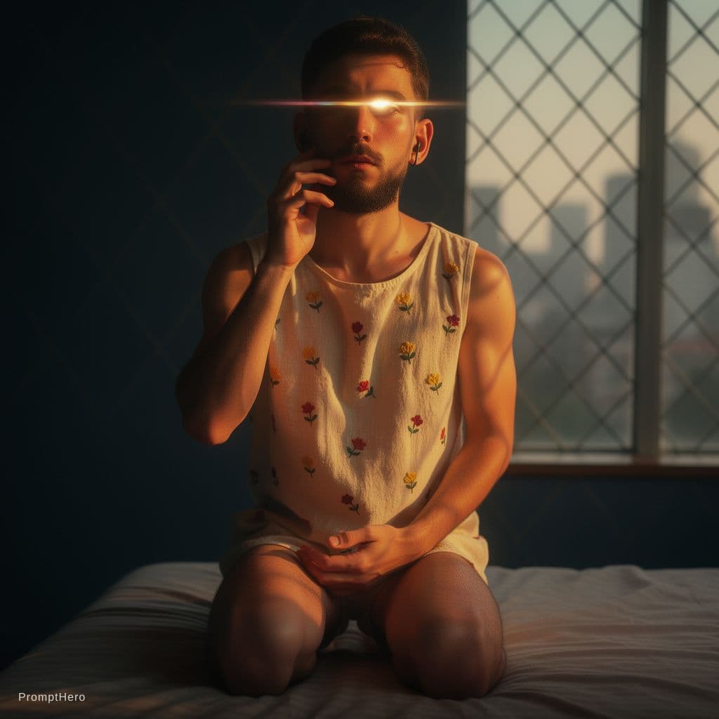 AI generated: Transform it into a cinematic, realistic image of a handsome young man kneeling on a bed. He wears d...