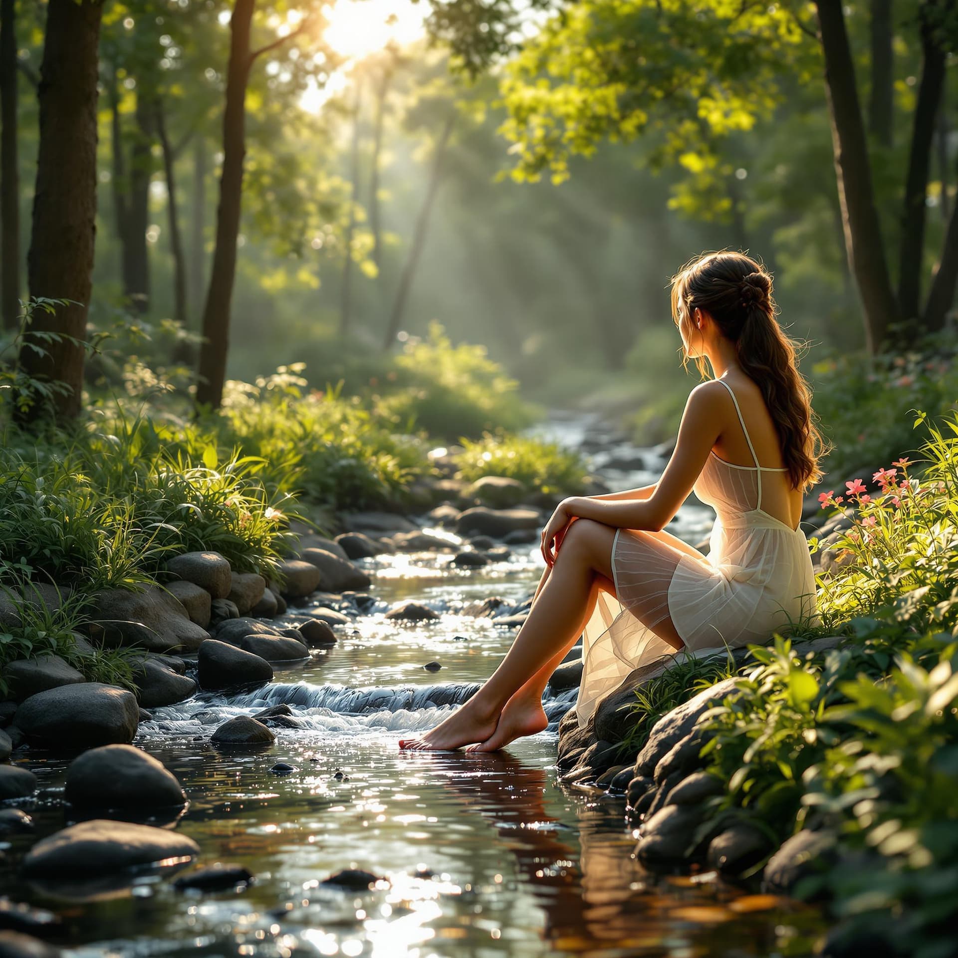 AI generated: 3d scene, 3d render, of a stream flowing through a wooded yard, closeup of a woman sitting on the ba...