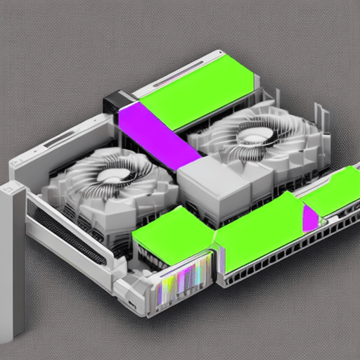 AI generated: An isometric view of a RAUL brand three-fan graphics card, which has RGB in the letters. With a back...