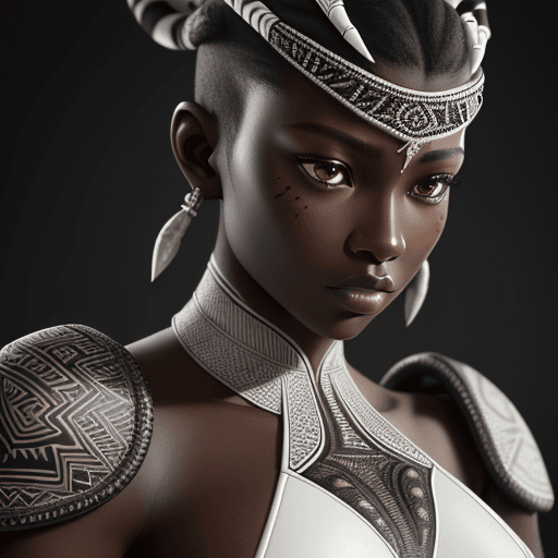 AI generated: intricate closeup shot, masterpiece artwork, black skin-tight body, tribal, suit, white accent, deta...