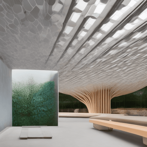 AI generated: the walls are whitebrick. there is a bench with a tree in the model. there are iridescent color chai...