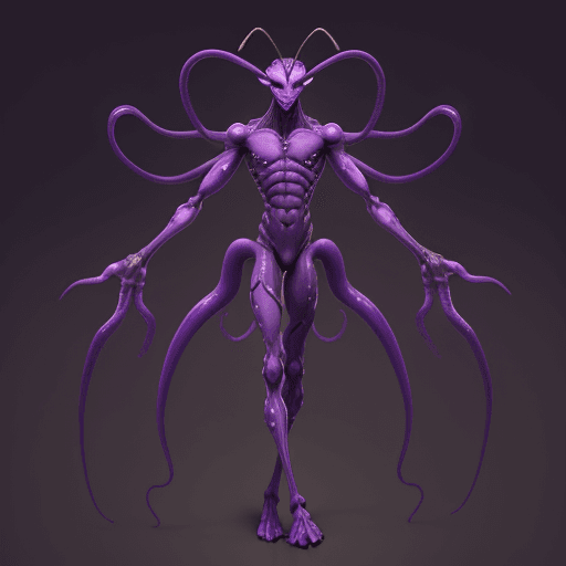 AI generated: male with purple skin, antennas, four arms, humanoid form, four legs, tentacle, standing tall, anima...