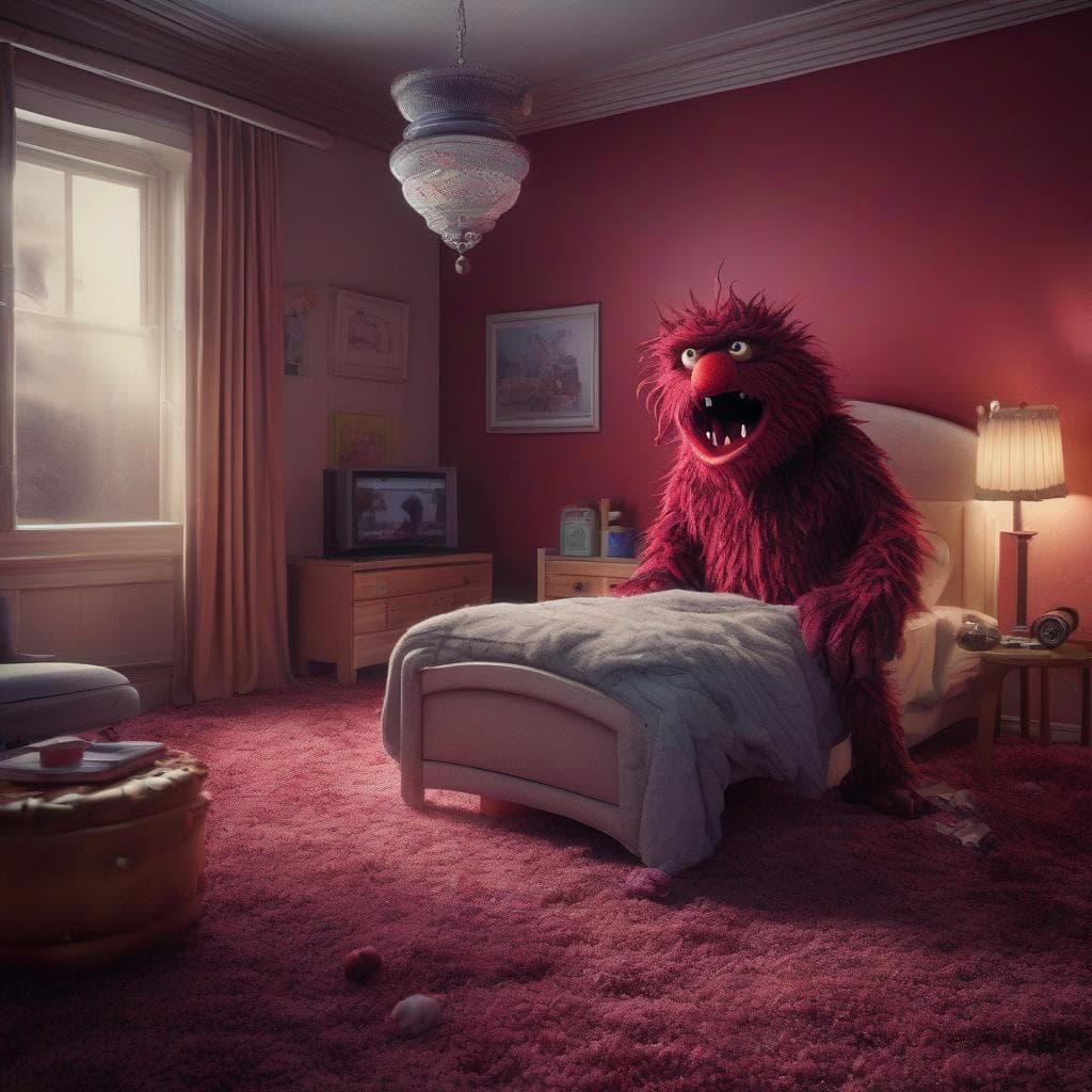 AI generated: A monster chilling in your bedroom at night, in the style of Frank Oz and Jim Henson, quirky charact...