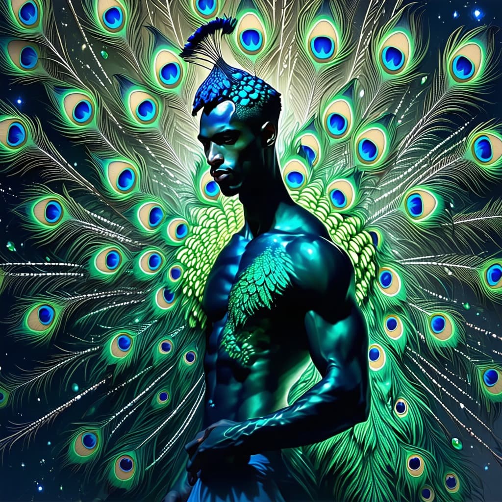 AI generated: A man with peacock genetics, his skin shimmering with iridescent feather patterns, eyes that are lit...